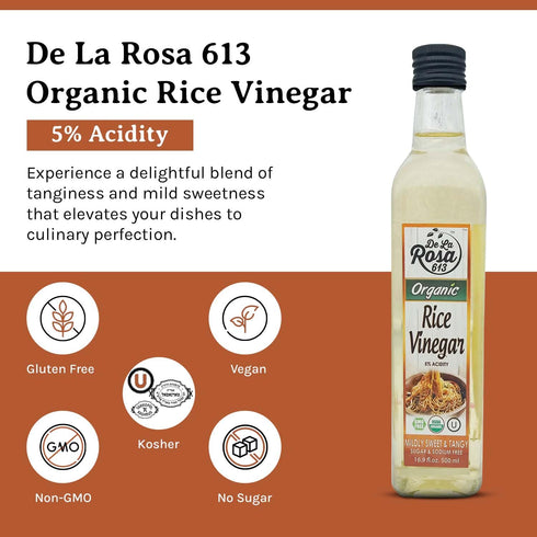 5% 16.9 Oz (Pack 2) De La Rosa Organic Rice Vinegar Acidity, Kosher, Great for Cooking, Sushi, Salad and more |