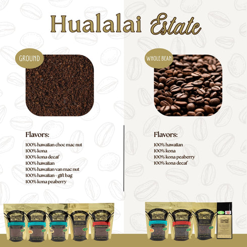 Hualalai Estate Whole Bean 100% Kona Coffee - Medium Dark Roasted, 7 oz, Pesticide-Free Gourmet Grade
