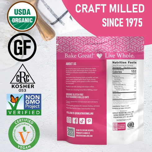 5 Lb Great River Milling Organic Old Fashioned Rolled Oats | Gluten Free Whole Grain, USDA Organic, Non-GMO, Kosher |
