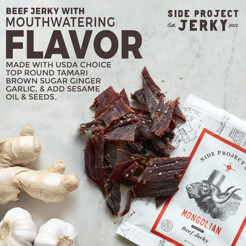 Packs 2 oz (Pack 3) Side Project Jerkys Mongolian Flavored Beef Jerky - Chef Curated Beef Jerky Snack with Sweet