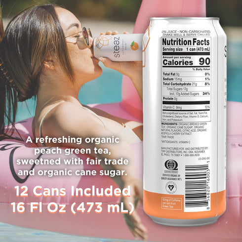 (12 Pack) 65mg 90 12 16 oz (473mL) Steaz - Organic Green Tea - Peach Flavored - Antioxidant Brew - Natural Caffeine