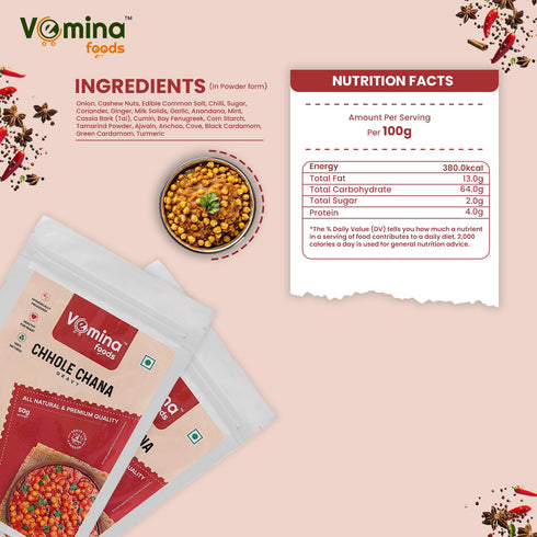 50g, VEMINA Chhole Chana Gravy Powder Authentic Indian Spice Mix for Chickpea Curry, Punjabi-Style Chana Masala