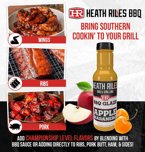 80+ 12 oz Heath Riles BBQ Apple Habanero BBQ Glaze Apple BBQ Sauce, Sweet & Spicy Rib Glaze for Pork Butt, Ham Glaze