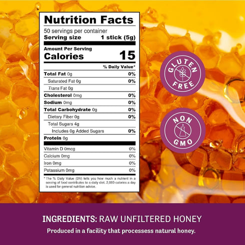 Packets 50 Count Judee's Gluten Free Raw Honey Sticks - Tea & Coffee Sweetener Raw Honey - Gluten Free Snack Sticks
