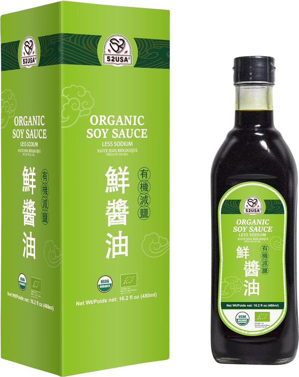 52USA Organic Soy Sauce Low Sodium, 16.2oz(480ml), USDA Organic, Naturally Brewed Dark