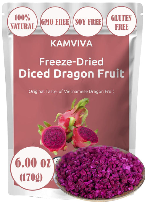 KAMVIVA Vietnam's Freeze Dried Dragon Fruit, 170g/6.0 Oz, 100% Natural, Diced Dragonfruit,