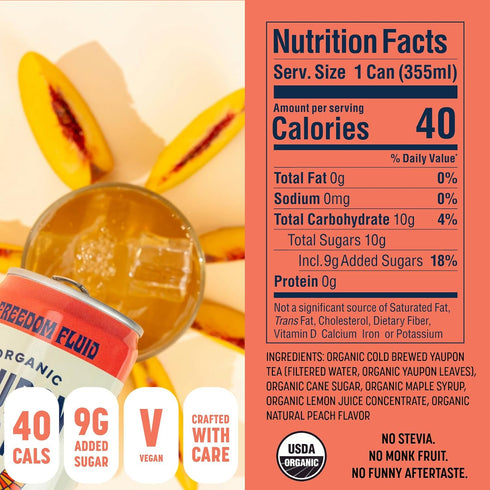 12 Pack (12 oz Freedom Fluid Organic Yaupon Iced Tea Refreshing Peach | Herbal Tea Drink | Lightly Sweetened, Low