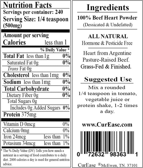 CurEase 4.2 oz Beef Heart Powder from Argentine Bovine (Beef) Bag
