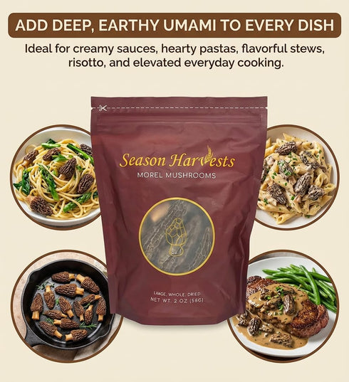 Season Harvests 2oz, Dried Morel Mushrooms Premium Gourmet Morels Fresh Flavor Morel Mushroom for Sauces, Stews