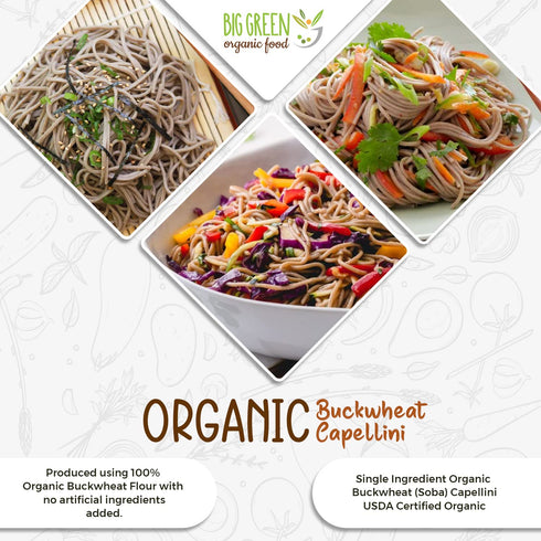 Big Green Organic Food Organic Buckwheat Capellini, 8.8oz, Gluten-Free, Non-GMO, 100% Buckwheat (1 Pack)