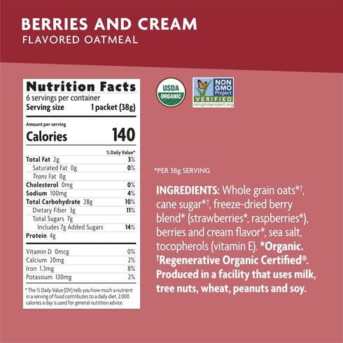 8 oz (Pack 1), Nature's Path Organic Regenerative Organic Certified Berries & Cream Instant Oatmeal, of Non-GMO