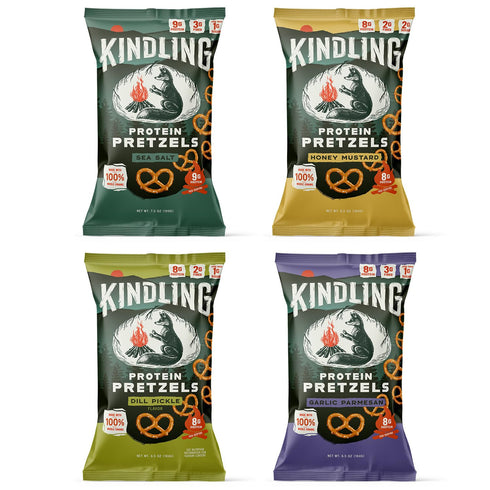 Pack (1), (1), (1), (1) Protein-Packed 8 9g 1-2g Kindling Protein Pretzels Variety - Sea Salt Dill Pickle Honey Mustard