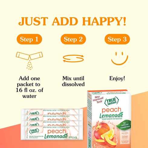10ct (Pack 1) Packets True Lemon Peach Lemonade of - Drink Mix - No Artificial Sweeteners, Low Calorie - Powdered Drink
