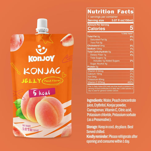 (12 (8 Packs) 5 KONJOY Konjac Jelly & Spaghetti Noodle Bundle, Peach Drinkable Jelly Pouches) + Konjac Shirataki