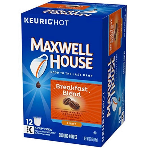 12 count (Pack 1) Maxwell House Breakfast Blend Ground Coffee, Light Roast K-Cup Pods