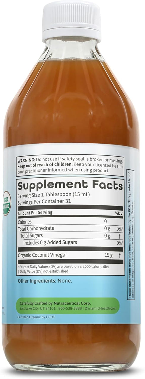 16 oz Dynamic Health Coconut Vinegar with Mother - USDA Organic Fermented Coconut Vinegar, Loaded with Natural