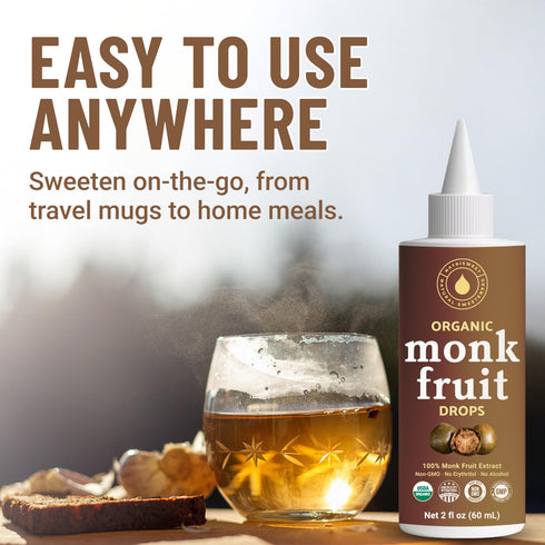 100% 2 oz Organic Monk Fruit Liquid Sweetener Drops, Pure Extract, Zero Sugar & No Erythritol, Original Flavor Liquid