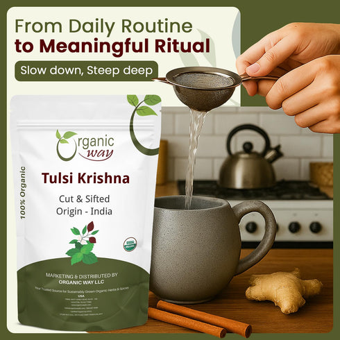 (1LBS 16Oz) Organic Way Tulsi/Holy Basil (Krishna) Cut & Sifted (Ocimum Tenuiflorum) - Herbal Tea | Organic & Kosher