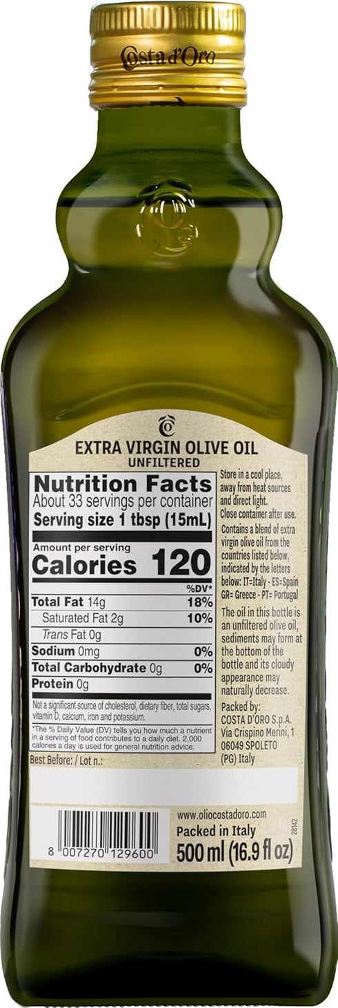 500 Ml. (16.9 OZ) Costa D'Oro - L' EXTRA - UNFILTERED - Extra Virgin Olive Oil, Cold Extracted, Balanced Flavour