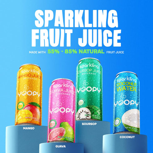 Pack 12 (10.82 oz 55% Yoopy Sparkling Fruit Juices Variety Cans fl Each) with Real Juice Tropical Flavours, Naturally