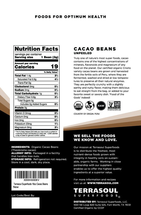 2 Lbs (2 Pack) Terrasoul Superfoods Raw Organic Criollo Cacao Beans