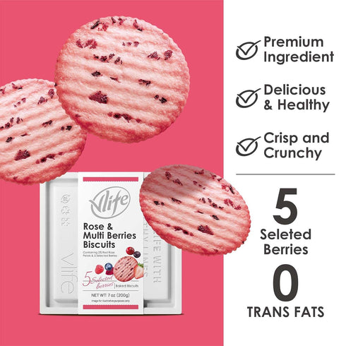(1 PACK,7 V-LOONG Rose & Multi Berries Biscuits, Vlife Baked Round Crackers, Sweet and Crispy Snacks, Ounce)