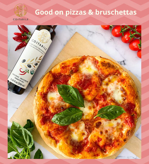100% Basil & Hot Chili Combo. Infused Extra Virgin Olive Oil. All-natural olive oils. Italian. COSTABILE