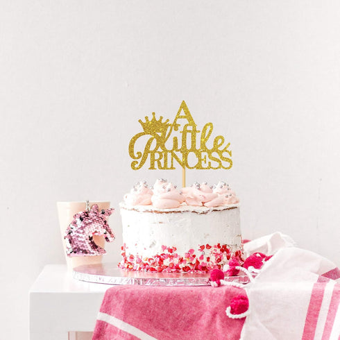 A Little Princess with Crown Cake Topper - Gold Glitter Baby Birthday Party Decoration