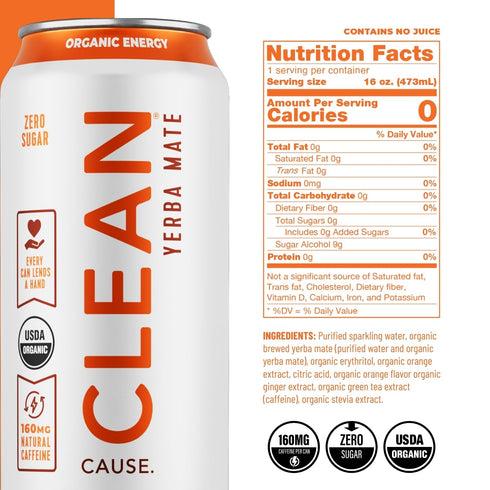 Pack 160mg (16oz 12-Pack 3 CLEAN Cause Zero Sugar Variety Yerba Mate Tea Sparkling, USDA Organic Energy Drink