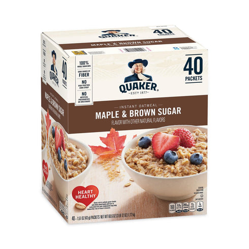 (40-1.51 oz packets) 60.6 Quaker Instant Oatmeal Cereal, Maple and Brown Sugar, Ounce