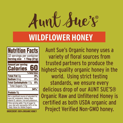 24 (Pack 1) Aunt Sues Raw & Unfiltered Organic Honey, Light Amber, USDA Organic, Ounce