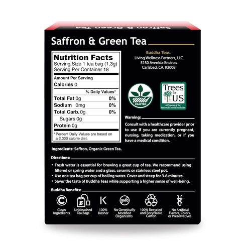 Buddha Teas - Saffron & Green Tea - Caffeinated Wild Crafted Tea, 18 Tea Bags (Pack of 1)