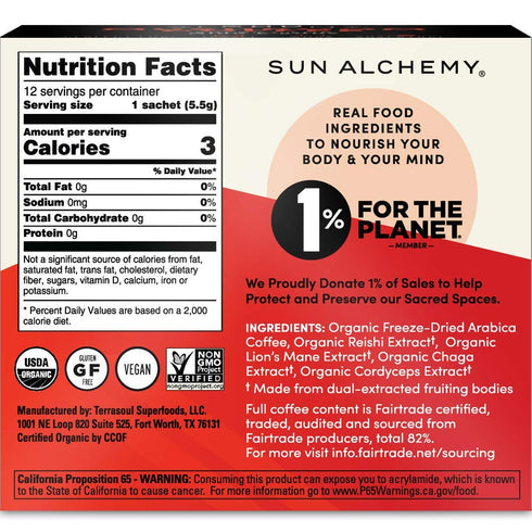 Sun Alchemy Mushroom Coffee, Energize with Organic Fair-Trade Coffee, Lion’s Mane, Reishi, Chaga & Cordyceps Mushrooms