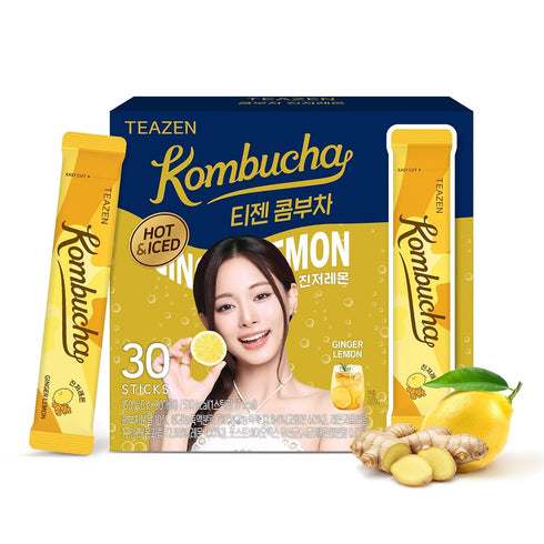 TEAZEN Lemon Ginger Hot Kombucha Tea, Live Probiotics & Postbiotics, Relaxation and