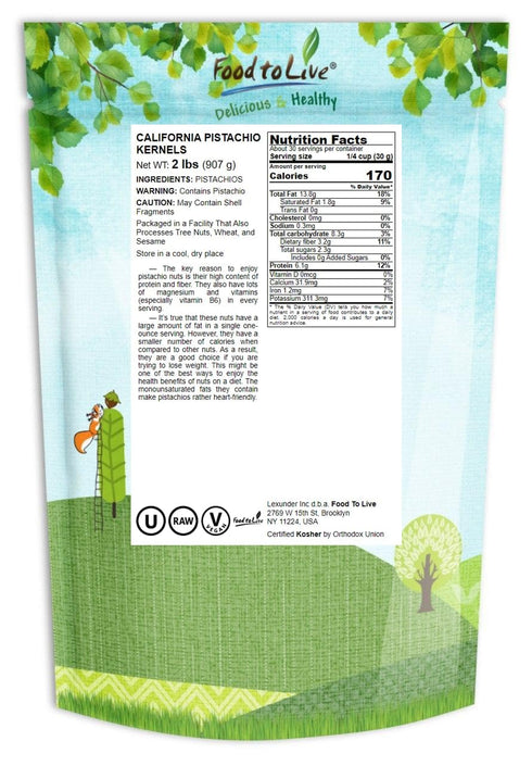 2 Packs. Food to Live No Shell Pistachios, Pounds Unsalted, Kernels, Sirtfood, Bulk. Pistachios Individual Wonderful