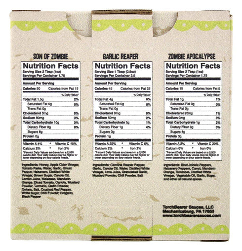 Set, 1.7oz 3 Pack Torchbearer Sauces Best-Sellers Mini Hot Sauce Gift - Zombie Apocalypse, Garlic Reaper, Son of Zombie