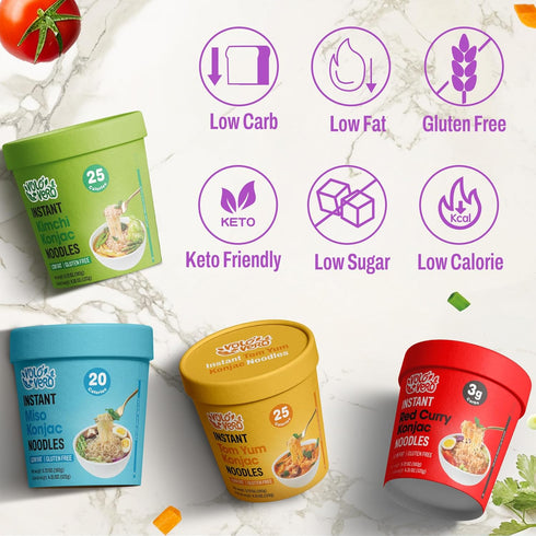Pack 6 Packs, VOLO VERO Konjac Noodle Variety - Tom Yum, Miso, "Spicy" Kimchi, Red Curry, Gluten Free, Vegan, Low Carb