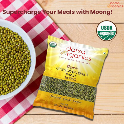 2 lb Darsa Organics Whole Green Moong (Mung) Bean Lentils USDA Organic, Non-GMO, Kosher, Gluten-Free | Protein & Fiber