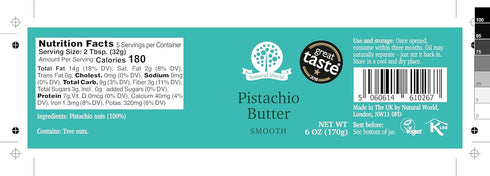 6 Oz (170g) 100% Nutural World - Smooth Pistachio butter - pure single ingredient - Great Taste Award winner