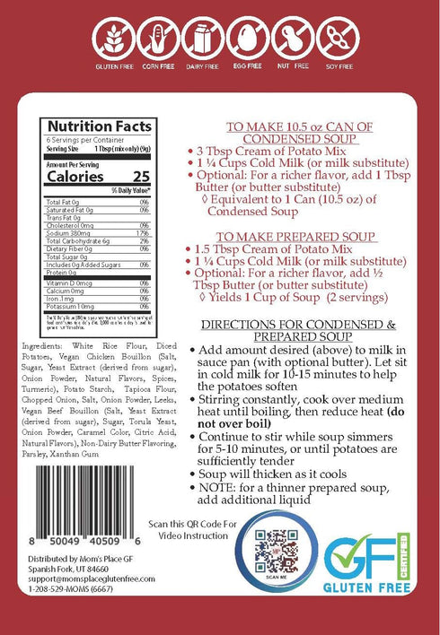 2 2.4 oz. Moms Place Gluten-Free & Dairy Free Cream of Potato Soup Mix, Equal to Cans of Condensed Soup, Vegan, Nut