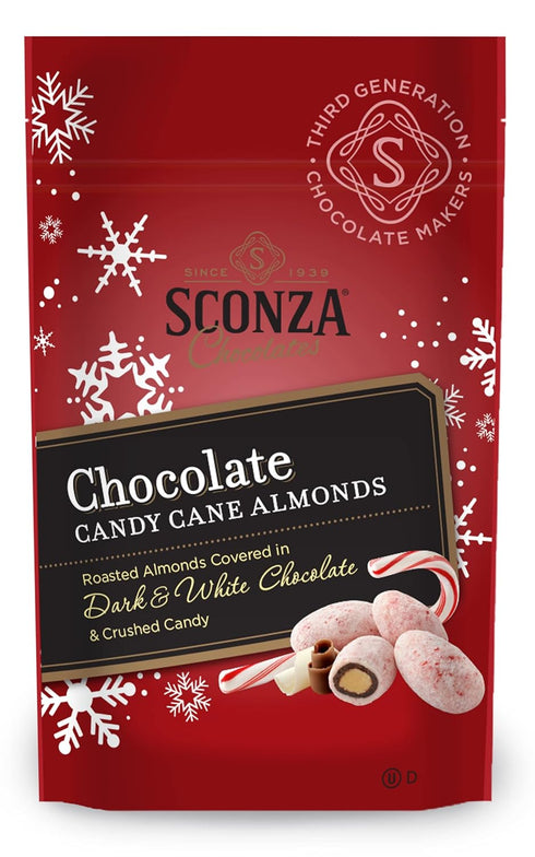 Sconza Pack 3 (4.5 Chocolate Candy Cane Almonds | Roasted Almonds with Peppermint Candy Crunch | of Ounce Each)