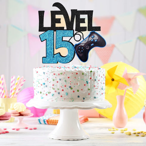 Level 15 Game Birthday Cake Topper - Video Game Boy's 15th Birthday Level Up Party Supplies - Blue Gaming Party