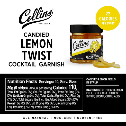 10.9 oz Collins Candied Lemon Twist Cocktail Garnish, Sweet Lemon Peel in Syrup for Skinny Margaritas, Limoncello