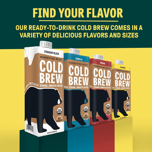 100% 32 oz, 3 pack Wandering Bear Straight Black Organic Cold Brew Coffee - Extra Strong, Bold, Smooth, Unsweetened