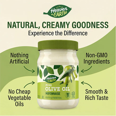 15 oz 0g 0g Heaven & Earth Pure Olive Oil Mayonnaise, | Keto Friendly, Net Carbs, Sugar | No Canola Oil, No Soy Oil |