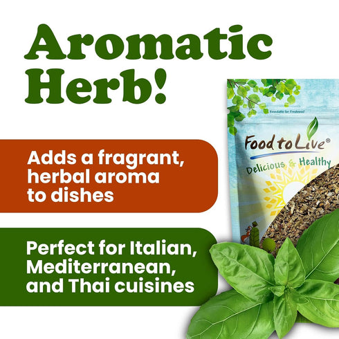 1.5 Food to Live - Organic Basil Leaves, Pounds Dried & Cut. Great for Pizzas, Pesto, Soups, Sauces, Salads and Herbal