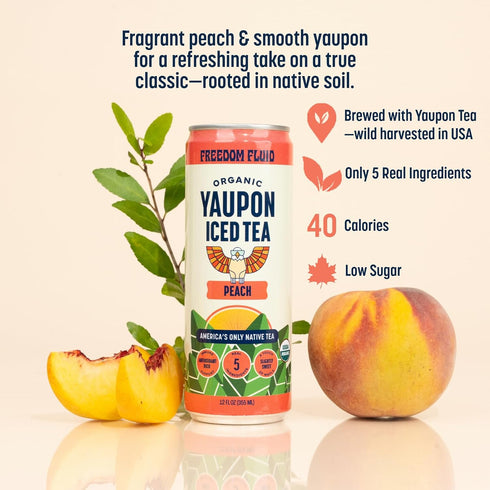 12 Pack (12 oz Freedom Fluid Organic Yaupon Iced Tea Refreshing Peach | Herbal Tea Drink | Lightly Sweetened, Low
