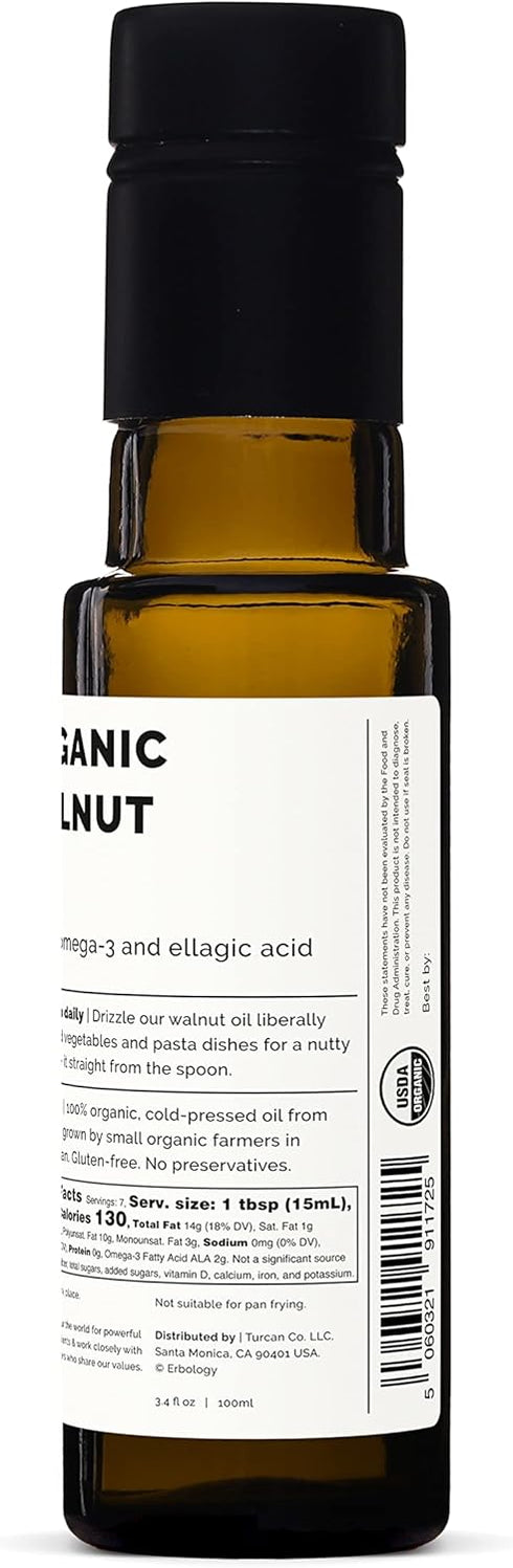 3.4 oz Erbology Organic Walnut Oil fl - Cold-Pressed - Supports Cognitive Health - Straight from Farm - Non GMO - No