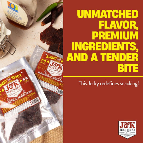 7oz J&K Sweet and Spicy Beef Jerky - Hand Crafted Small Batch American Made Slab Beef Jerky - Bold & Flavorful Snack!
