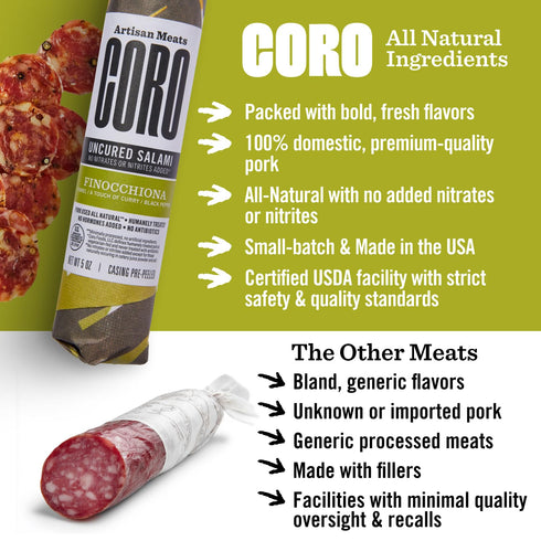 5oz Coro Uncured Finocchiona Artisan Salami Stick | Fennel, Black Pepper & Curry | Perfect for Charcuterie Boards